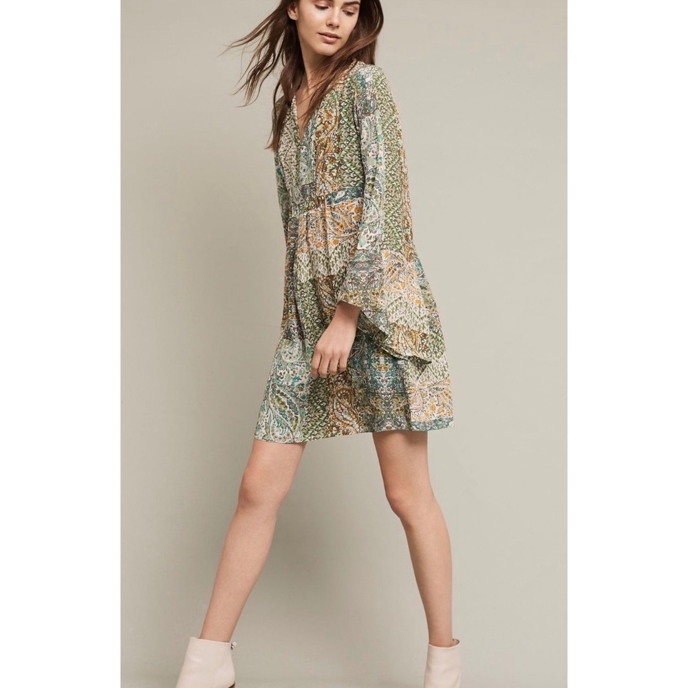 Anthropologie Floreat Amelie Kimono Silk Dress Green Patchwork Bell Sleeve 4P